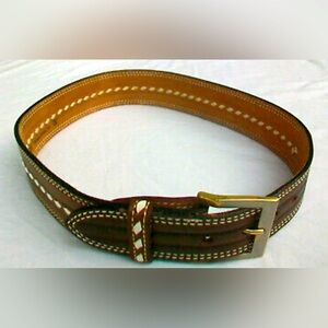 The Turf Shop Full Grain Cowhide Leather Belt Brown White Detail Stitching 36